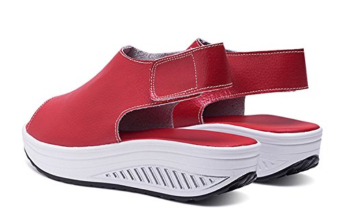 Minetom Sandalias Mujer Zapatillas De Plataforma Tobillo PU Cuero Cuña Confort Peep Toe Tacón Alto Velcro Cabeza Pescado Zapatos para Caminar Rojo EU 40