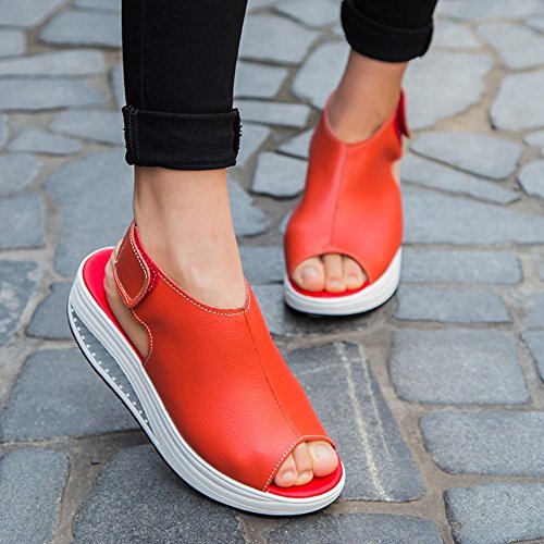 Minetom Sandalias Mujer Zapatillas De Plataforma Tobillo PU Cuero Cuña Confort Peep Toe Tacón Alto Velcro Cabeza Pescado Zapatos para Caminar Rojo EU 40