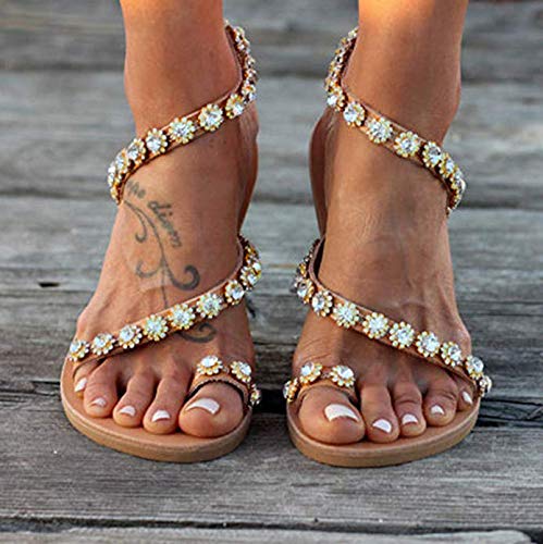 Minetom Sandalias Mujeres Bohemia Verano Planos Moda Clip Peep Toe Zapatos De Playa Diamante De Imitación Zapatillas Sandals Talla Grande Pantuflas D Marrón 38 EU