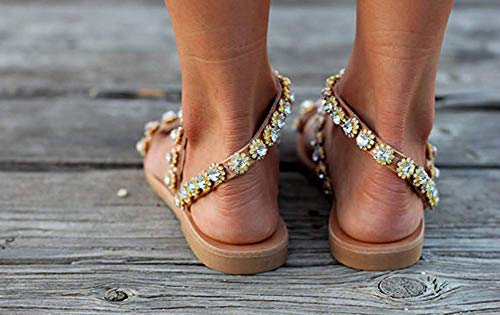 Minetom Sandalias Mujeres Bohemia Verano Planos Moda Clip Peep Toe Zapatos De Playa Diamante De Imitación Zapatillas Sandals Talla Grande Pantuflas D Marrón 38 EU