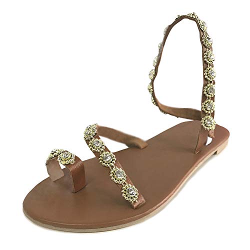 Minetom Sandalias Mujeres Bohemia Verano Planos Moda Clip Peep Toe Zapatos De Playa Diamante De Imitación Zapatillas Sandals Talla Grande Pantuflas D Marrón 38 EU