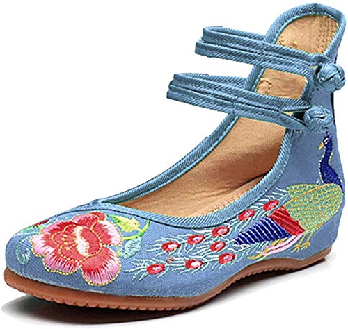 Minetom Vintage Estilo Chino Pintura de Tinta de Plataforma Mary Jane Merceditas de Mujer Flores Bordado Cómodo Casual Zapatos de Party Dress Azul claro EU 39