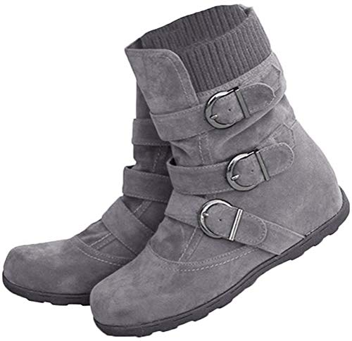 Minetom Zapatos Invierno Mujer Botas De Nieve Planas Casual Ankle Boots Botines Casual Moda Hebilla De Gamuza Gris 38 EU
