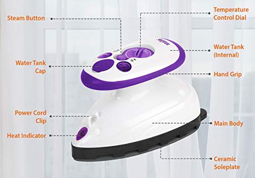 Mini plancha de vapor con suela de cerámica perfecta para viajar y acolchar - 2 años de garantía - Púrpura / blanco
