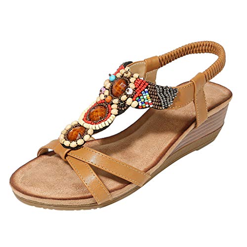 MINXINWY Zapatos de Playa Bohemia de Mujer, Sandalias Casuales Sandalias de Estilo Romano Sandalias de cuña con Cuentas Sandalias de Banda elástica Sandalias niñas Mujeres Verano
