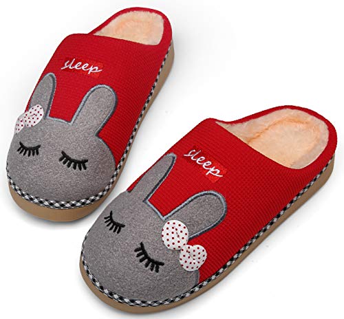 Mishansha Invierno Zapatillas Interior Casa Caliente Felpa Pantuflas Mujer Antideslizante Dibujos Animados Pareja Zapatos, Conejo-Rojo, 35/36 EU=36/37 CN