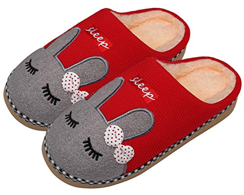 Mishansha Invierno Zapatillas Interior Casa Caliente Felpa Pantuflas Mujer Antideslizante Dibujos Animados Pareja Zapatos, Conejo-Rojo, 35/36 EU=36/37 CN