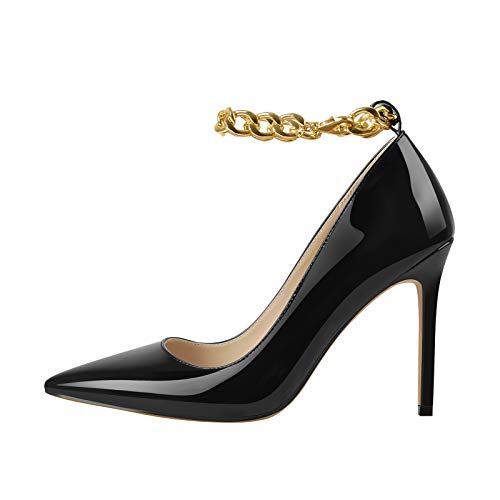 MissHeel Zapatos de tacón de aguja con correa y cadena de metal, color burdeos, color Negro, talla 36 EU