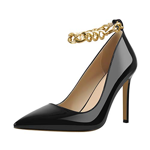 MissHeel Zapatos de tacón de aguja con correa y cadena de metal, color burdeos, color Negro, talla 36 EU