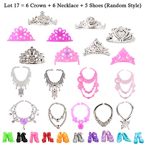 Miunana 27 ropa joyas accesorios boda fiesta noche vestidos para muñecas = 10 vestidos + 5 zapatos + 6 cadenas + 6 coronas para muñecas
