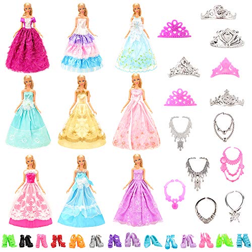 Miunana 27 ropa joyas accesorios boda fiesta noche vestidos para muñecas = 10 vestidos + 5 zapatos + 6 cadenas + 6 coronas para muñecas