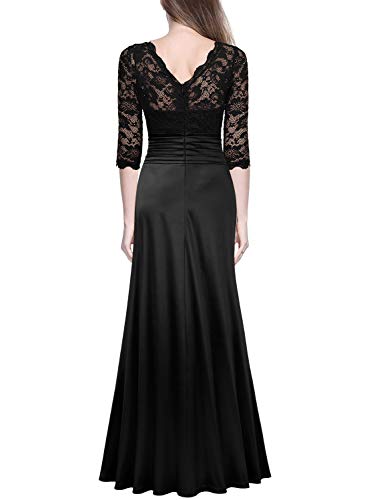 Miusol Elegante Encaje Largo Fiesta Vestido para Mujer Negro Large