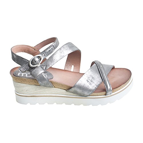 Mjus - Sandalias de verano para mujer, color gris, nueva colección primavera, verano, aspecto metálico (37)