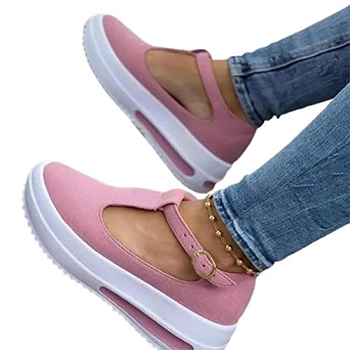 Mocasines con hebilla para mujer, tacón de cuñas de verano, cabeza redonda, suela gruesa, casual, zapatos transpirables, color Rosa, talla 36 EU