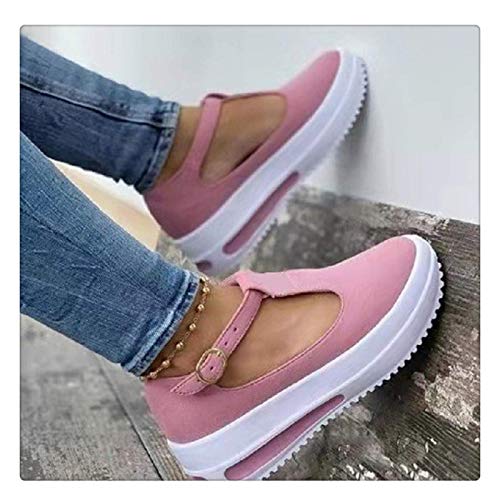 Mocasines con hebilla para mujer, tacón de cuñas de verano, cabeza redonda, suela gruesa, casual, zapatos transpirables, color Rosa, talla 36 EU