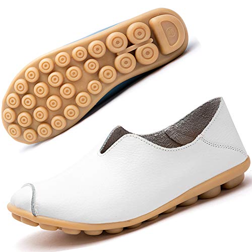Mocasines de Cuero Mujer Casual Zapatos de Conducción Moda Loafers Verano Planos Zapatillas del Barco Zapatos Blanco EU38.5=CN40