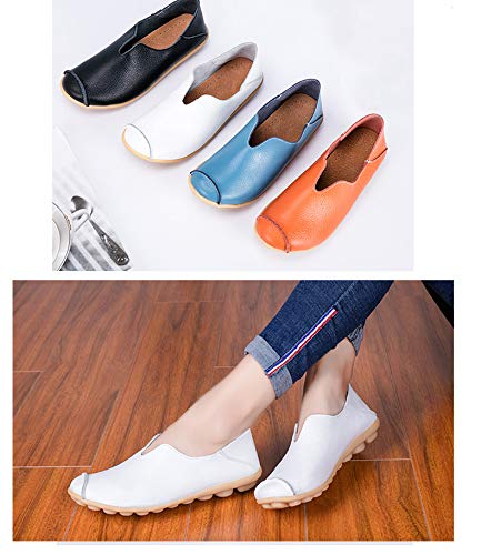 Mocasines de Cuero Mujer Casual Zapatos de Conducción Moda Loafers Verano Planos Zapatillas del Barco Zapatos Blanco EU38.5=CN40