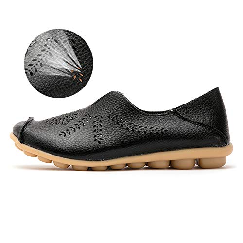 Mocasines de Cuero Mujer Casual Zapatos de Conducción Moda Loafers Verano Planos Zapatillas del Barco ZapatosNegro EU38=CN39