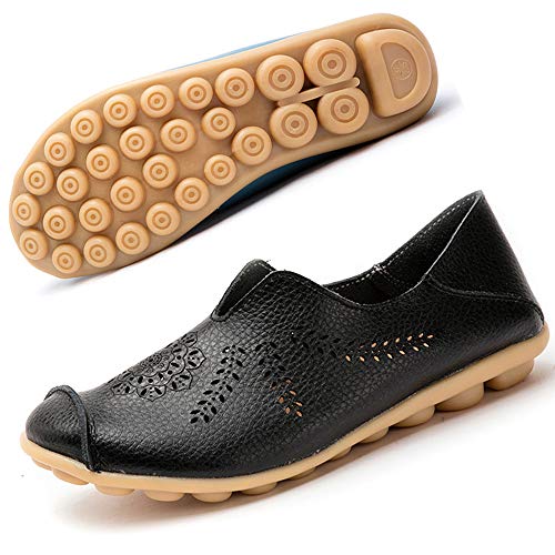 Mocasines de Cuero Mujer Casual Zapatos de Conducción Moda Loafers Verano Planos Zapatillas del Barco ZapatosNegro EU38=CN39