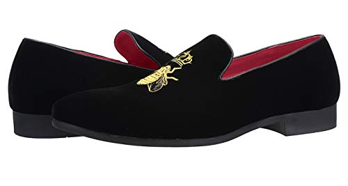 Mocasines para Hombre Terciopelo Slip-on Moda Vestido Casual Zapatos con Oro Bordado Planos Zapatillas de Fumar Negro 40 EU