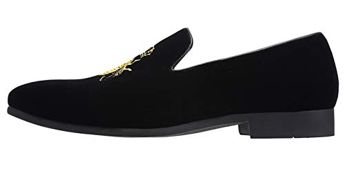Mocasines para Hombre Terciopelo Slip-on Moda Vestido Casual Zapatos con Oro Bordado Planos Zapatillas de Fumar Negro 40 EU