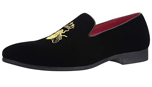 Mocasines para Hombre Terciopelo Slip-on Moda Vestido Casual Zapatos con Oro Bordado Planos Zapatillas de Fumar Negro 40 EU