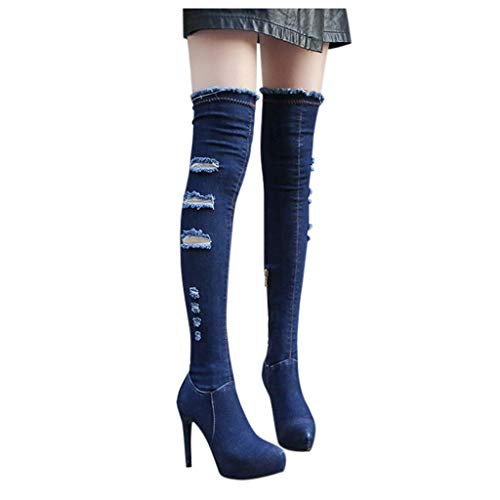 Moda Mujer Zapatos De Tacón Alto, Botas Altas sobre La Rodilla Denim Sujetador Cadena Boots Tramo Jeans Botas Zapatos Botas Fiesta Zapatos De Mujer
