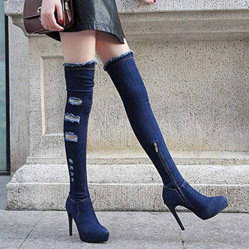 Moda Mujer Zapatos De Tacón Alto, Botas Altas sobre La Rodilla Denim Sujetador Cadena Boots Tramo Jeans Botas Zapatos Botas Fiesta Zapatos De Mujer