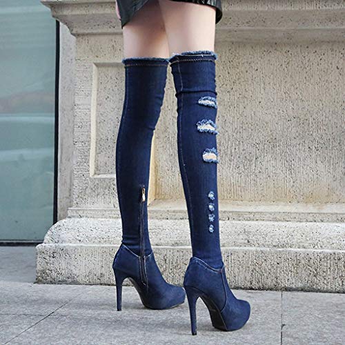 Moda Mujer Zapatos De Tacón Alto, Botas Altas sobre La Rodilla Denim Sujetador Cadena Boots Tramo Jeans Botas Zapatos Botas Fiesta Zapatos De Mujer