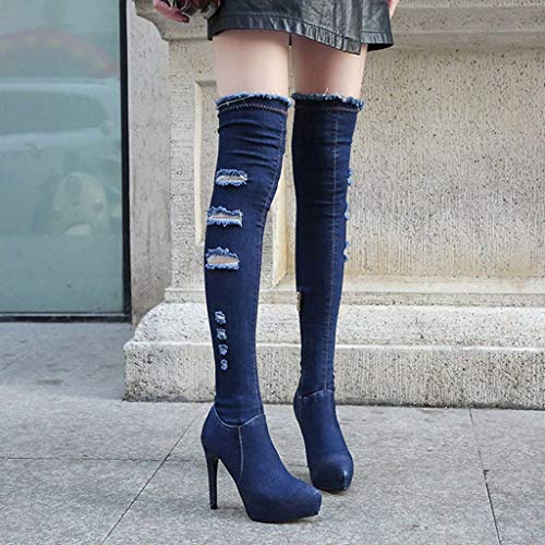 Moda Mujer Zapatos De Tacón Alto, Botas Altas sobre La Rodilla Denim Sujetador Cadena Boots Tramo Jeans Botas Zapatos Botas Fiesta Zapatos De Mujer