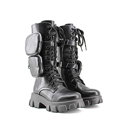 Modelisa - Botas para Mujer, Botas Altas con Plataforma Bolsillo Negro para Mujer (Negro, Numeric_36)