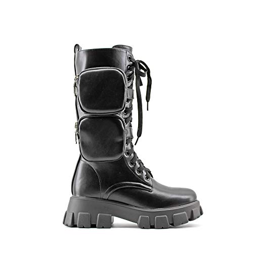 Modelisa - Botas para Mujer, Botas Altas con Plataforma Bolsillo Negro para Mujer (Negro, Numeric_36)