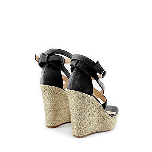 Modelisa - Sandalia Tacón Cuña Plataforma Alpargata para Mujer (Negro, Numeric_38)