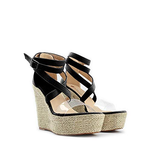 Modelisa - Sandalia Tacón Cuña Plataforma Alpargata para Mujer (Negro, Numeric_38)