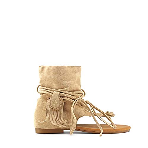 Modelisa - Sandalias Estilo Botin De Dedos Con Flecos Para Mujer (Beige, numeric_41)