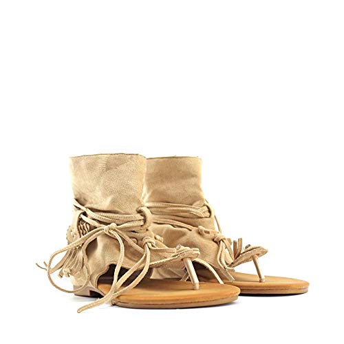 Modelisa - Sandalias Estilo Botin De Dedos Con Flecos Para Mujer (Beige, numeric_41)