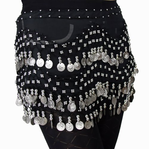 Moderno pañuelo de gasa de Hoter, para colocar en la cadera, con monedas plateadas colgando para bailar la danza del vientre, Mujer niña, negro, standard size fits most