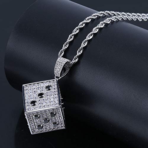 Modow Calle Hip Hop Collar Acero Inoxidable, Dados Colgante Cobre con Cadena 24in, Chapado Oro 14K & Circón AAA,Plata