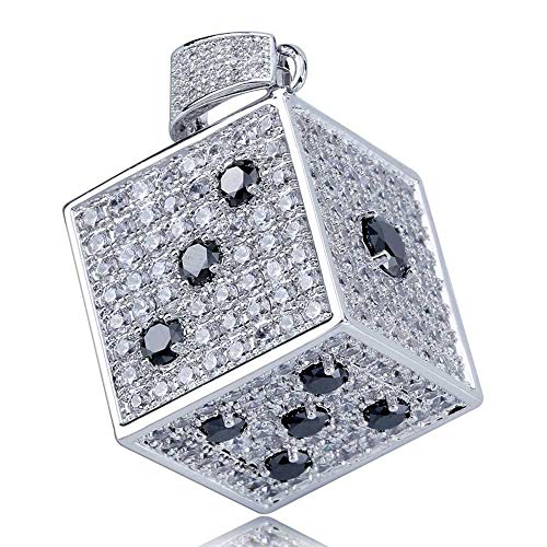 Modow Calle Hip Hop Collar Acero Inoxidable, Dados Colgante Cobre con Cadena 24in, Chapado Oro 14K & Circón AAA,Plata