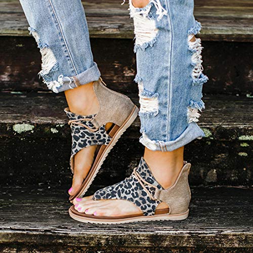 MoneRffi Mujeres Sandalias Planas Sandalias Casuales Zapatos de Verano Mujeres Peep Toe Casual Encaje up impresión Sandalias Planas (Impresión de leopardo, 37EU)