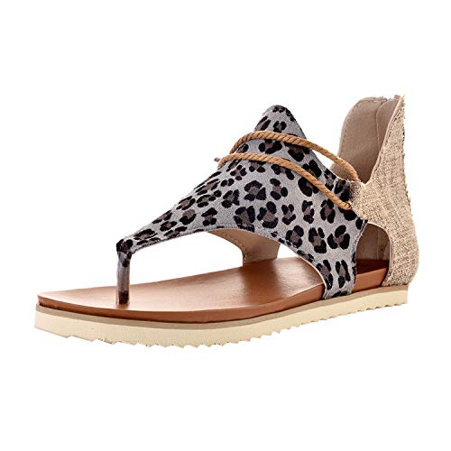 MoneRffi Mujeres Sandalias Planas Sandalias Casuales Zapatos de Verano Mujeres Peep Toe Casual Encaje up impresión Sandalias Planas (Impresión de leopardo, 37EU)