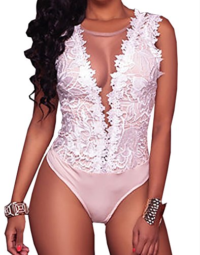 Mono de Encaje Mujer Verano Body sin Mangas Escote en V sin Respaldo Transparente Bodysuit Elegante Tops Traje de Mujer para Casual Fiesta Playa (Blanco, L)