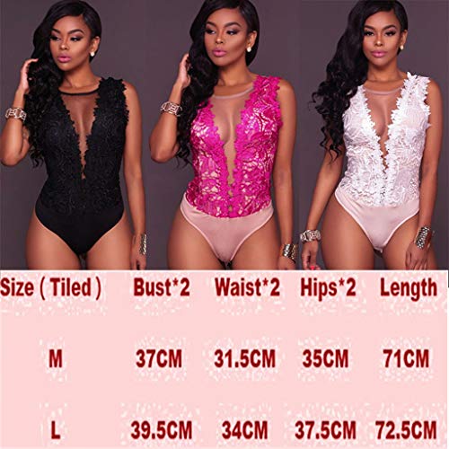 Mono de Encaje Mujer Verano Body sin Mangas Escote en V sin Respaldo Transparente Bodysuit Elegante Tops Traje de Mujer para Casual Fiesta Playa (Blanco, L)