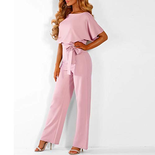 Monos de Vestir Mujer, SUNNSEAN Pantalones Largos Elegante Verano Tallas Grandes Mono de Manga Corta señoras Jumpsuit Monos Mujer Fiesta Playsuits con Cinturón de Lazo Clubwear Monos