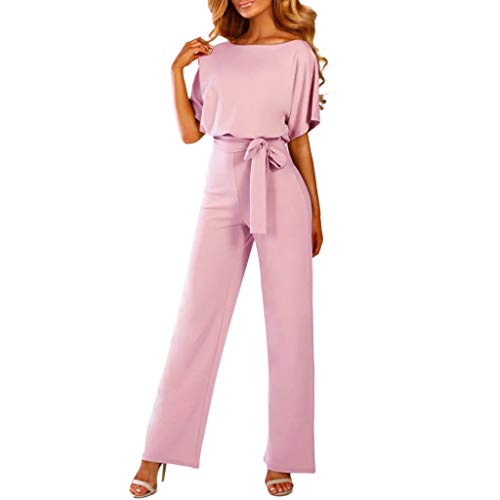 Monos de Vestir Mujer, SUNNSEAN Pantalones Largos Elegante Verano Tallas Grandes Mono de Manga Corta señoras Jumpsuit Monos Mujer Fiesta Playsuits con Cinturón de Lazo Clubwear Monos