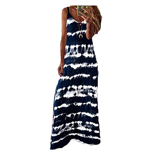 Morbuy Vestidos Mujer Casual Playa Largos Verano Tie Dye Cuello V Suelto Sin Mangas Casual Falda Larga Maxi Vestido Playeros Sin Accesorios (M,Azul Marino)