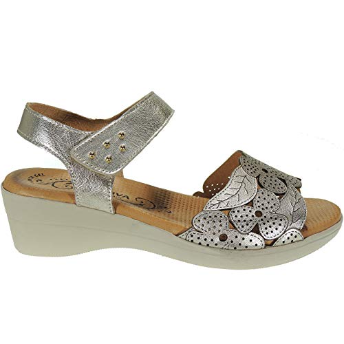 MORXIVA 4001 Sandala Cuña Mujer Planta Anatómica Piso Goma Antideslizante Cuña 5Cm Platino Talla 36