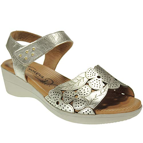 MORXIVA 4001 Sandala Cuña Mujer Planta Anatómica Piso Goma Antideslizante Cuña 5Cm Platino Talla 36