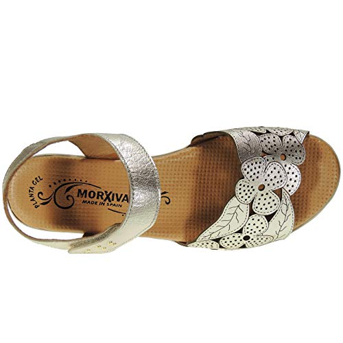 MORXIVA 4001 Sandala Cuña Mujer Planta Anatómica Piso Goma Antideslizante Cuña 5Cm Platino Talla 36