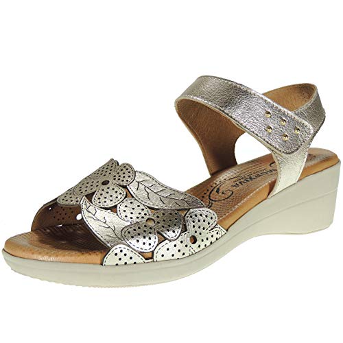 MORXIVA 4001 Sandala Cuña Mujer Planta Anatómica Piso Goma Antideslizante Cuña 5Cm Platino Talla 36